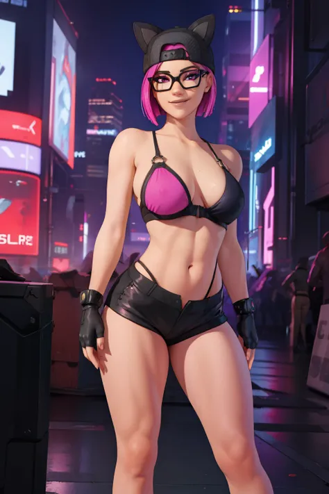 (masterpiece), (best quality), standing, (solo), looking the viewer, cyberpunk, high detailed,extremely detailed,shorts with black stockings,pink bikini, fine eyes, smile,dynamic pose, short pink hair,cap,fingerless glove,glasses.