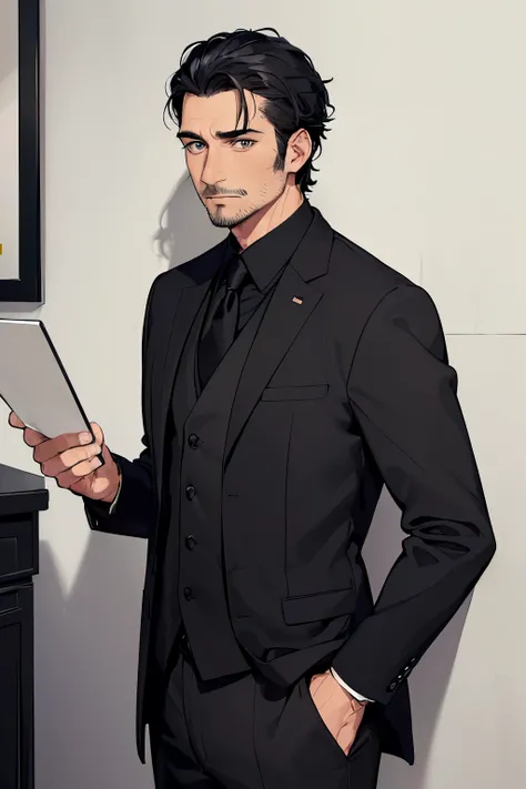 ((best quality)), ((masterpiece)), ((detailed)), (((perfect faces))), (((40yo attractive man in black suit, black shirt))), (((blank expression))), (((black hair))), (((stubble))), (((standing behind desk))), (((wall in background)))