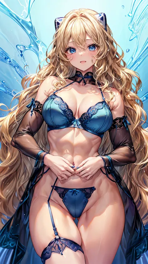 (Adult women:1.5)、Very detailed、highest quality、Best image quality、masterpiece、8k、Anime Face、A kind smile、(Open your mouth:1.3)、Sparkling blue eyes、(Blonde Wavy Hair:1.5)、、Muscles of the whole body、(High leg:1.5)、Thigh belt、(Wearing blue lingerie:1.5)、(Cow...