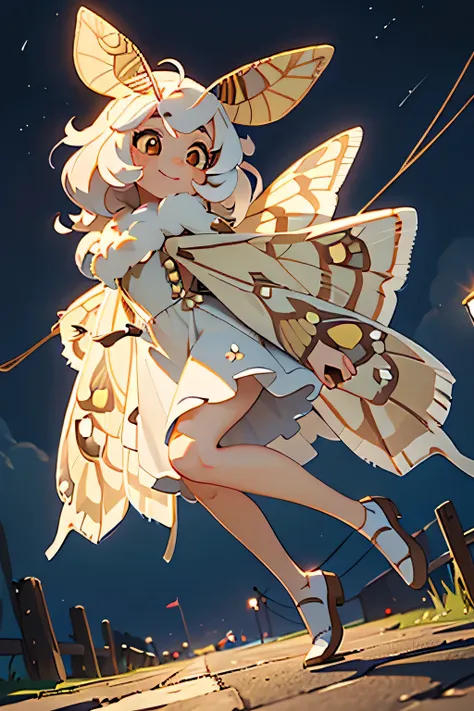 solo,1woman\(cute,kawaii,small kid,skin color white,short white hair,(big moth wing hair:1.7),white dress\(beautiful race\),(2mo...