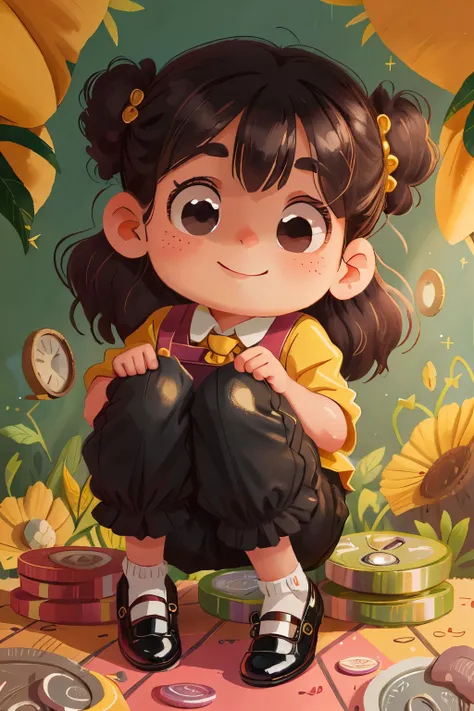 A charming young girl with large, luminous eyes and a rosy, fleshy face grins mischievously, her  cherry mouth forming a small, playful smile. Her black curls cascade around her shoulders, framing her cherubic features. She is dressed in a yellow baby-coll...