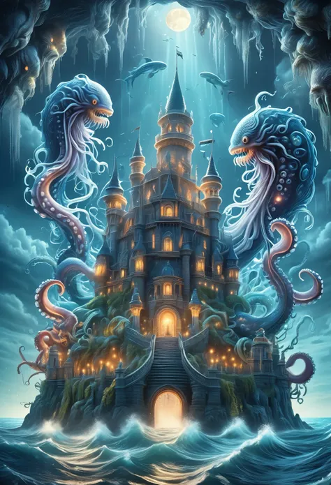 (best quality,8k,ultra-detailed:1.2),dark castle in motion,sea monster,sea monster holding up the castle,tentacles of the sea mo...