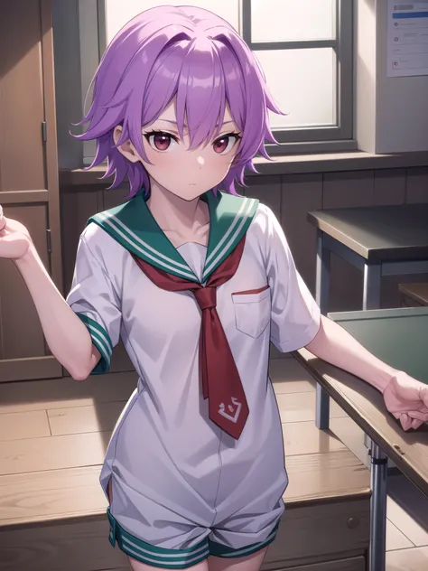 kantairight, right, Hair between the eyes, Purple Hair, short hair, (Red eyes:1.5),
break , serafuku, Sailor collar, green Sailor collar, shirt, white shirt, Short sleeve, tie, red tie, Shorts, white Shorts,
break looking at viewer, whole body,
break indoo...