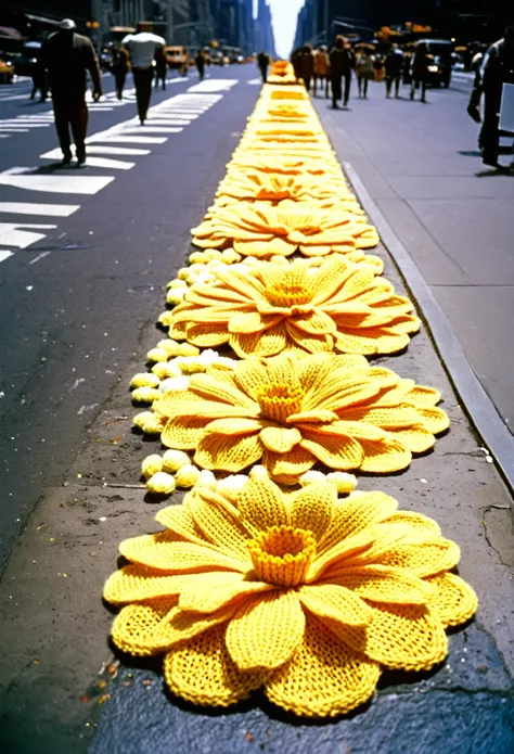 create big knitted laying flowers on streets of New York on kodak vision3 500