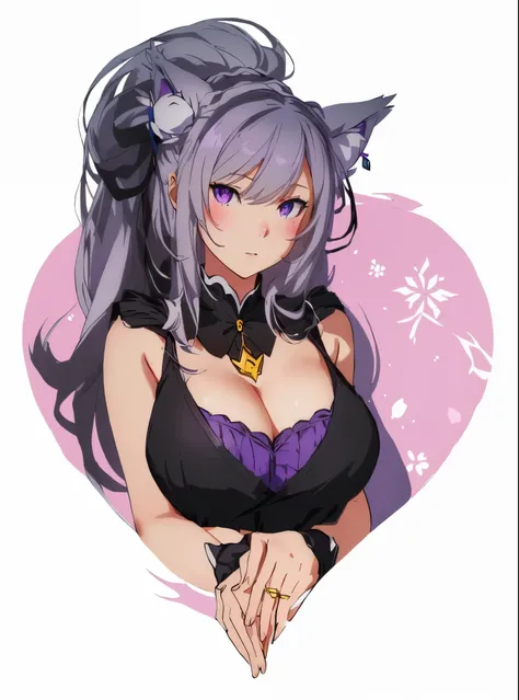 Emilia re:zero, purple eyes, Emilia, crown braid, x hair ornament, flower hair ornament, white hair, long hair, medium breasts, a cartoon picture of a woman with a cat ears and a black top, commission for high res, oc commission, ahri, anime catgirl, portr...