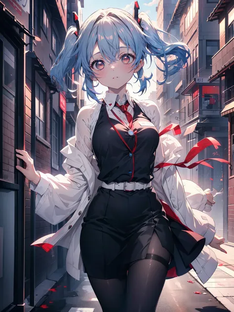 reiayanami, Rei Ayanami, Blue Hair, short hair, (Red eyes:1.5),blush,OL, end, Black suit jacket, Collared jacket, White dress shirt, Collared shirt, Neckline, button, strap, ID card on the neck, Black pencil skirt, Black Pantyhose,Stiletto heels,Business B...