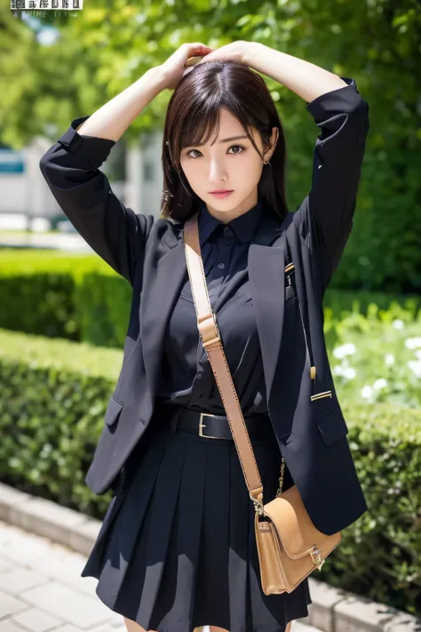 (masutepiece:1.2),High quality,vivd colour,flat-colors,Deep Depth Of Field,Lens Flare,1 girl,Black hair,eyecontact,Suit,Collared shirt,Belt bag,suspenders,Professional,Office Lady,Mature Women,Black mini skirt　garterbelts　knee high　Stockings　Black Niso　Col...