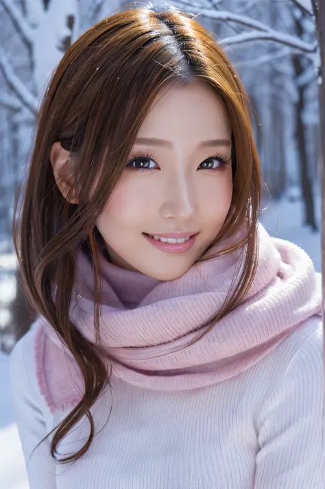 (table top、highest quality、8k、Award-winning work、ultra high resolution)、one beautiful woman、(Turtleneck long knitted sweater dress and thick fur coat:1.2)、Exactly、brown hair、(The most natural and accurate pink long scarf:1.2)、Very long wavy hair、epic movie...