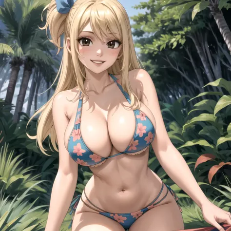 Lucy Heartfilia, 24 year old woman long straight blonde hair,, Brown eyes, pechos grandes bikini azul con manchas, selfi a su pecho,  sonrisa feliz. fondo un bosque. gotas de sudor en su pecho, sonrisa picara.