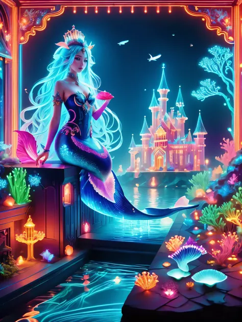 (neon)，circuit board，(underwater castle), glowing coral, aquatic plants, elegant fish, vibrant colors, (brightly lit, illuminate...