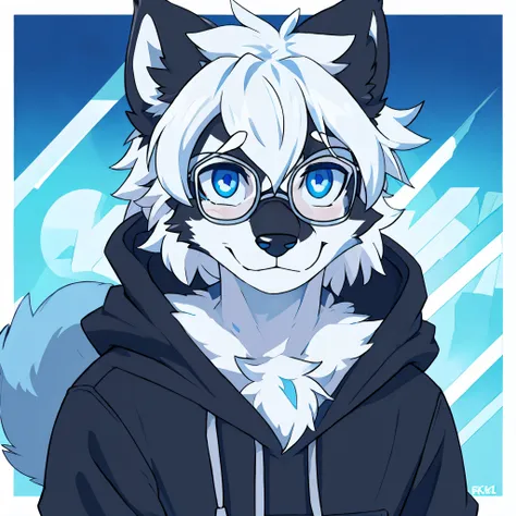 furry boy，border collie，furry portrait，blue eyes，4k,8k,top quality，blue eyes，black hoodie，glasses，solo，no background，e261，furry，...