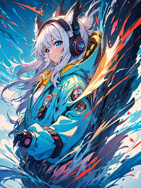 garota anime com roupa futurista com orelhas de gato e fones de ouvido, linda garota com partes ciborgue, arte digital de anime ...