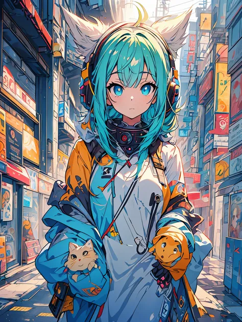 garota anime com roupa futurista com orelhas de gato e fones de ouvido, linda garota com partes ciborgue, arte digital de anime ...