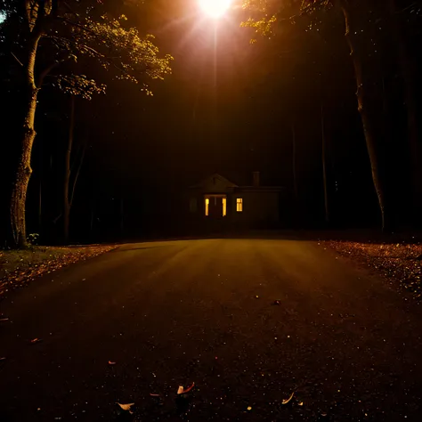 scary horror house in a dense forest with no one, someone watching in the dark, there is no sunlight, part of the mason does not contain light, apenmas uma luz fraca de lanterna, estilo found footage, camera antiga filtro