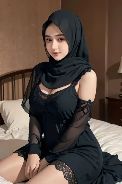 A Pakistan lady, 18 years old, with a very cute and baby-like face, wearing a lace suspender and a hijab, lying in a bedroom, straddling and looking in front of the camera with happiness, showcasing her realistic face and skin feeling. She has big breasts,...