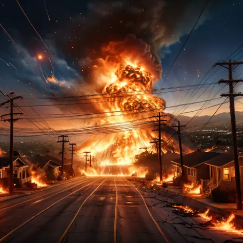 a hyper-realistic image capturing the intense moments of a massive earthquake striking los angeles, as power lines snap and burs...