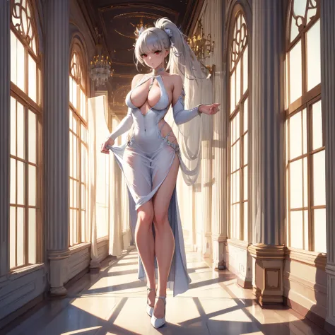 a woman wearing a sophisticated white dress, silver details on the dress, big breasts, exposed chest, white heels, long silver h...