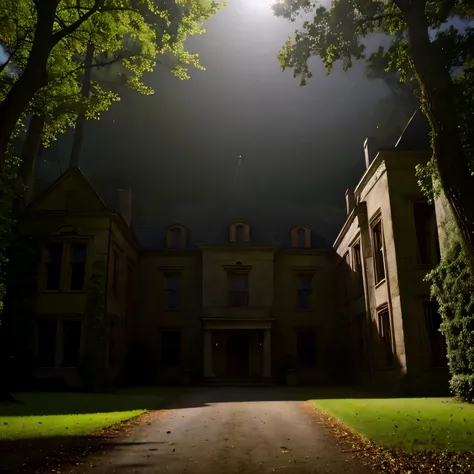abandoned manor in the middle of the woods, bodycam style, found footage, resident evil, large mansion, huge doors, fog, horror movie, 90s horror movie, darkness, night, too dark