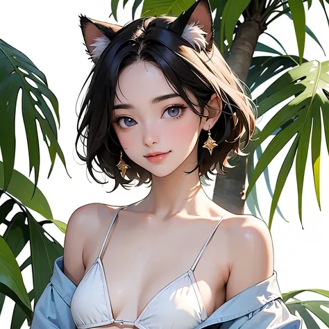 (highest quality、masterpiece、High resolution)、4K Anime Art、(Beautiful woman、18-year-old)、((2 people))、((whole body))、(natural standing posture)、 (Detailed depiction of a beautiful face)、Smiling Kindly、Small breasts、(Cat ear)、Medium Short Hair、Bobcut、(bikin...