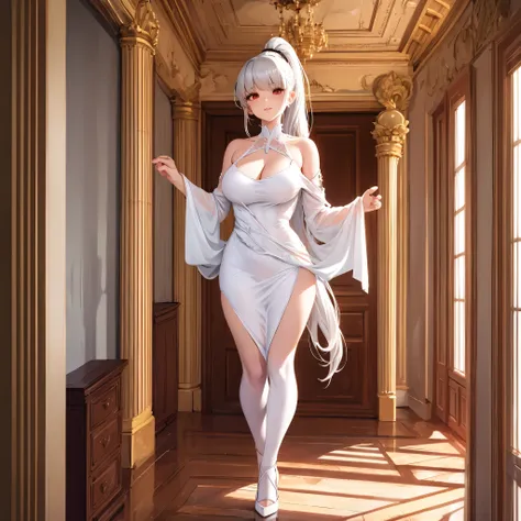 A woman wearing a sophisticated white dress, silver details on the dress, big breasts, exposed chest, white heels, long silver hair, ponytail hair, red eyes, kawaii face, walking in a luxurious room, maroom floor, white pillars, ceiling painted white, glas...