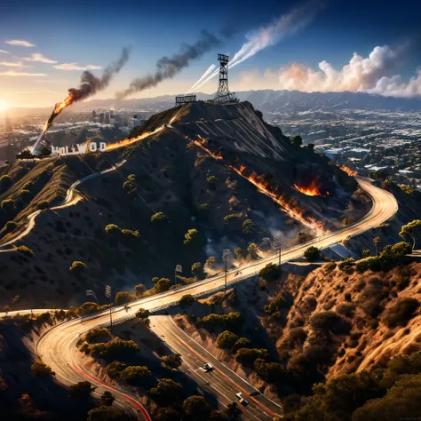 a hyper-realistic image capturing the intense moments of a massive earthquake striking los angeles, as iconic landmarks like the...