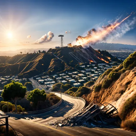 a hyper-realistic image capturing the intense moments of a massive earthquake striking los angeles, as iconic landmarks like the...