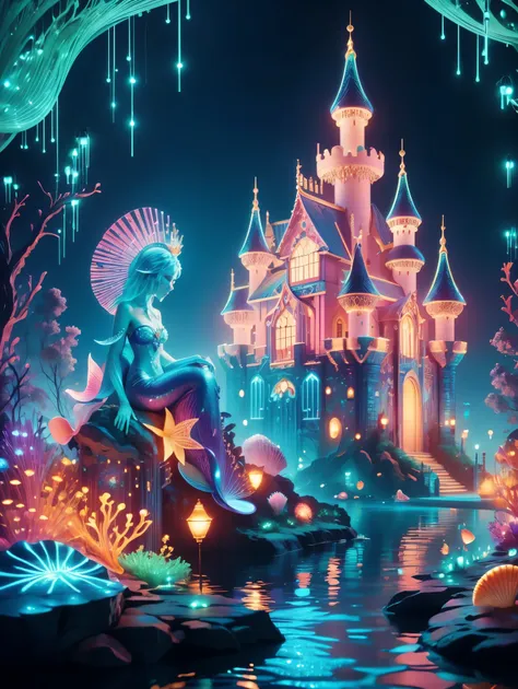 (neon)，circuit board，(underwater castle), glowing coral, aquatic plants, elegant fish, vibrant colors, (brightly lit, illuminate...