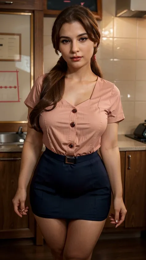 A woman teacher, beautiful, cute, tenderness, pure confidence, big chest, long brown hair, short, squares her light brown eye, eyebrows, slim red lip, dresses in a dark pink shirt, buttons, short sleeves, arm and a navy blue skirt, wearing black heels, gol...