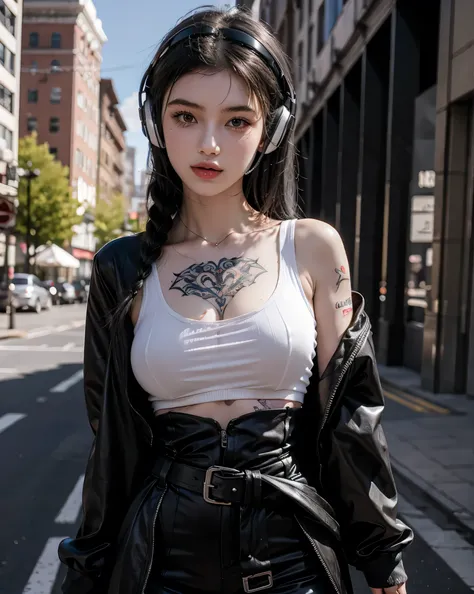 One girl, Gray Hair, Long Hair, Techwear masterpiece, highest quality, Realistic, realism, Dark purple jacket, Portraiture, Fine grain, Wearing the headset, Platinum Hair, 21 year old girl, Fashion pose, Half Body, Wide shot, on the road, cyber punk,(((He ...