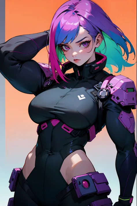 cyberpunk, mutli colored hair, two toned hair, random colored hair,young female, girl , muscular