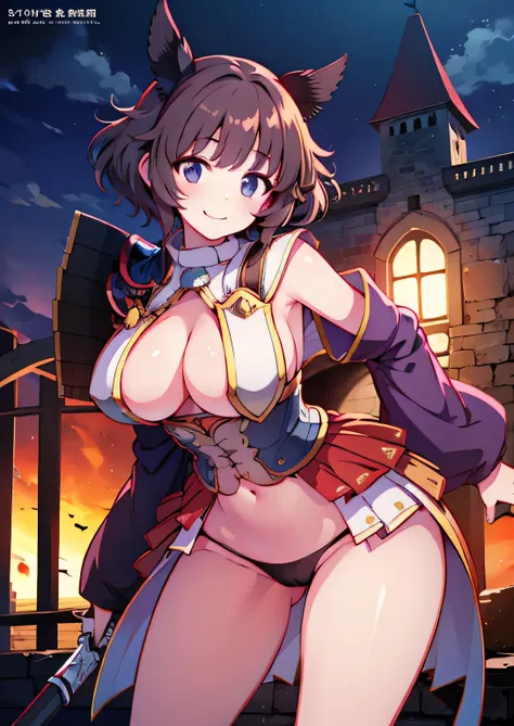 Anime illustration、highest quality、female knight、leather armor、Perfect proportions、Large castle、Large city gate、Very thick legs、Beautiful, shining eyes、Cowboy Shot、smile、Noise Reduction