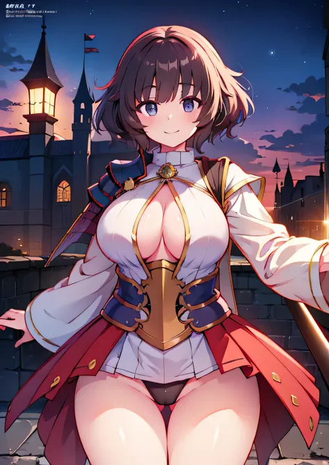 Anime illustration、highest quality、female knight、leather armor、Perfect proportions、Large castle、Large city gate、Very thick legs、Beautiful, shining eyes、Cowboy Shot、smile、Noise Reduction