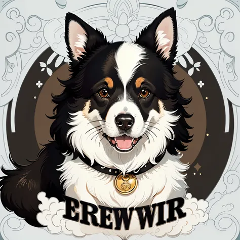 Create an image of a black and white border collie dog with brown eyes, con una flor en el hocico ((caricatura)) ((illustration))