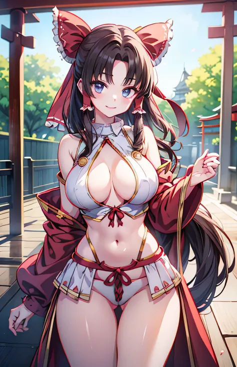 Anime illustration、highest quality、Reimu Hakurei、Karasutengu、Perfect proportions、Large-scale shrine、Large Torii Gate、overwhelmingly big breasts、very thick thighs、Beautiful, shining eyes、Cowboy Shot、smile、Noise Reduction