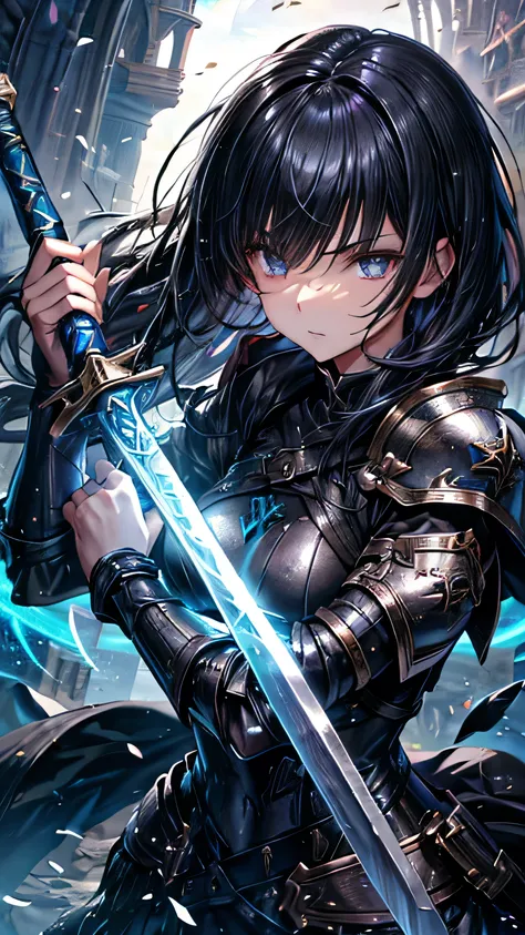 (Holds a magic sword), (Cool girl), Swordsman, (Shiny black hair), Bangs covering her eyes, Armor