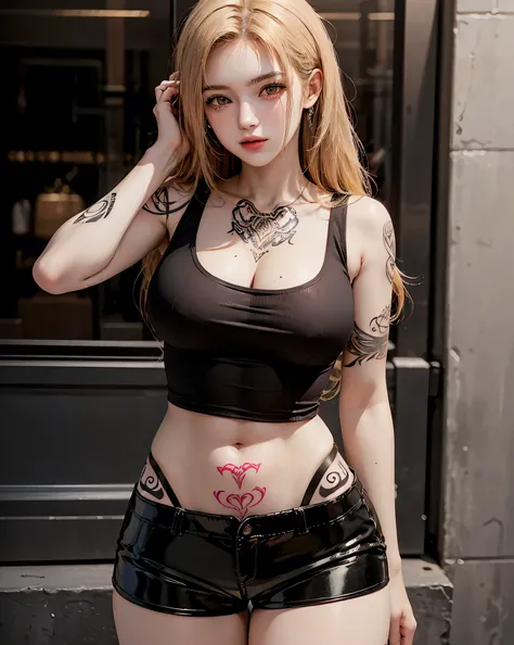 (Browsing Caution:0.7), Perfect Style, Beautiful Face, Highly detailed face and skin texture, (Maximum resolution: 1.2), 1 female,Hip Up, jewelry, (((He has many tattoos all over his body)), Streetwear, (((Tight shorts))), blonde, , (((Tight waist))), ((Bi...