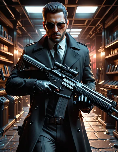 there is a man in a suit and tie holding an assault rifle, neo - noir style, 3 d render character art 8 k, (albert wesker:0.4) full body portrait, neo noir style, concept art like ernest khalimov, cinematic full character, male character, highly detailed c...