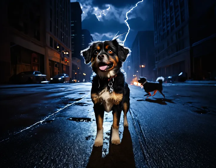 Visualize a nightmarish urban scene under a stormy, moonlit sky in downtown Chicago, where a 30-year-old white woman with brown hair is being overwhelmed by three dogs on fire. The street is deserted, bathed in an eerie blue moonlight and intermittent flas...