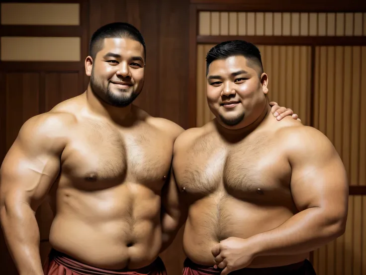 A young monk from ancient Japan, who looks like a fat bodybuilder like a sumo wrestler、A young monk from ancient Japan, looking like a fat bodybuilder like a sumo wrestler, standing with his arm around his shoulders in joy
