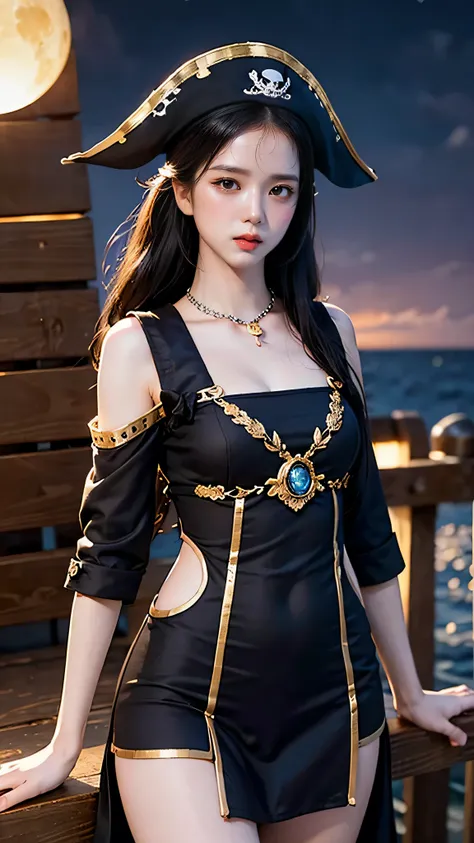 (best quality,ultra-detailed,realistic:1.37),jisoo blackpink in a pirate costume,pirate hat,tailored pirate outfit,striking pose...