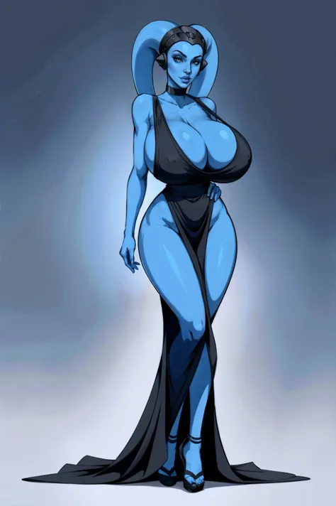 Tall, (thin), Blue Skin Twilek with (huge breasts) wearing a black dress, choker, huge breasts, cleavage, tall, graceful, (tall), slim hips, small waist, full-body shot