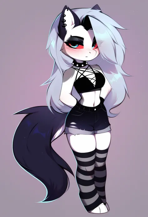 score_9, score_8_up, score_7_up, source_furry, rating_safe, by magnaluna, loona posing seductively in a goth bedroom, anthro, blushing, fullbody, full body