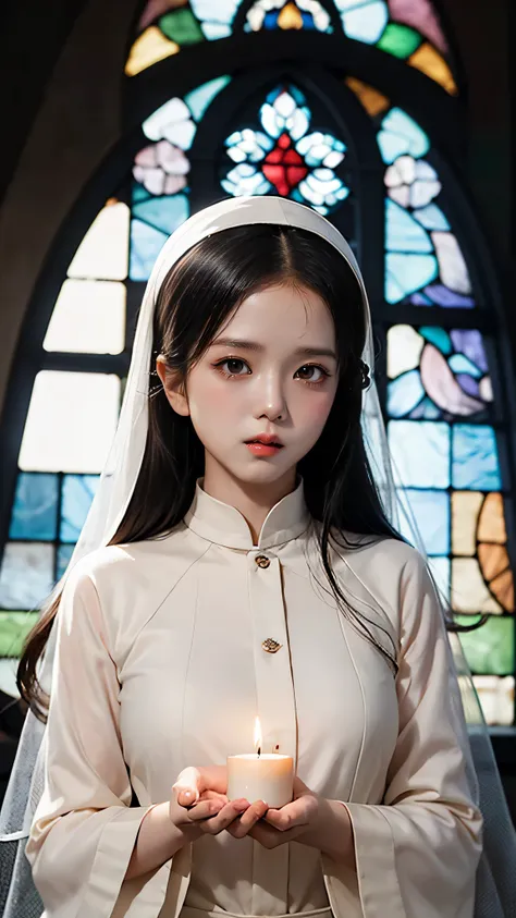 JISOO BLACKPINK as a nun (best quality, highres:1.2), detailed eyes and facial features, delicate and graceful, pure white nun habit, serene expression, soft lighting, religious atmosphere, ethereal beauty, dark long hair, black veil, serene backdrop, peac...