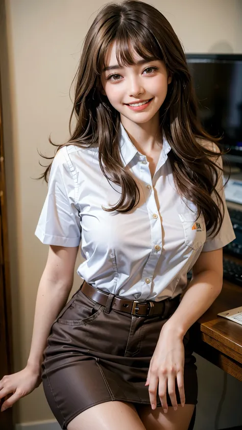 highest quality, masterpiece, Ultra-high resolution, (Realistic:1.4), (Close-up portrait) RAW Photos, 1 girl,22 years old,((Sexy uniform workplace)),((Wear a random uniform from your profession.)),((Brown Hair)),(((Work clothes))),((Bangs short)),Realistic...