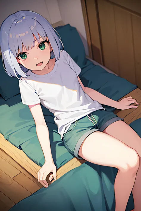 Short silver hair, green eyes, , White t-shirt, Black short girl, He smiles, Beautiful thighs, Bedrooms 