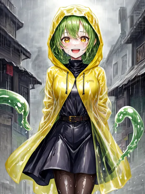 score_9, score_8_up, score_7_up, score_6_up, score_5_up, score_4_up, source_anime, slime girl, green skin, translucent yellow (raincoat:1.1), hands behind back, tilted forward, playful, happy, wet, outside, rural town, heavy rain, (raining:1.1), wind, cowb...