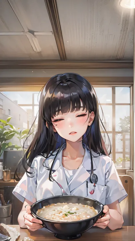 pov:1.4, solo:1.3 ((blunt bangs)) (black hair long hair cute girl, 15 yo, sexy closed eyes, sad face), (offering porridge, holding a spoon with porridge), (in a Nurse uniform), (in the bedroom), BREAK, perfect anatomy, masterpiece, best quality, 16k.