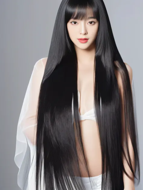 (Full Body Shot) (Professionally lit white walls)　Beautiful 18 year old woman with long black hair, girl with super length Hair, extremely length Hair, extra length Hair, very long, Flowing Hair, very length Hair, length Hair girl, very long, Flowing black...