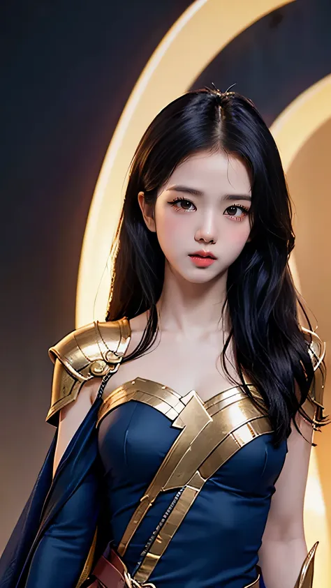 (best quality,4k,8k,highres,masterpiece:1.2),ultra-detailed,(realistic,photorealistic,photo-realistic:1.37),Kim Jisoo as Wonder Woman, cosplay outfit, vibrant colors, dynamic pose, warrior princess, intense gaze, sleek and shiny armor, flowing cape, power ...