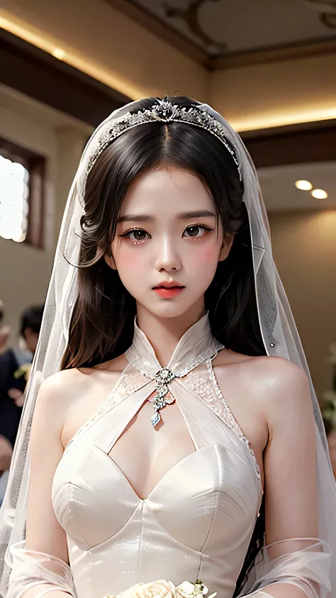 (best quality,4k,8k,highres,masterpiece:1.2),ultra-detailed,beautiful detailed eyes,beautiful detailed lips,extremely detailed eyes and face,long eyelashes,(concept artist:1.1),portrait,studio lighting,high-fashion wedding dress,Kim Jisoo as a supermodel b...